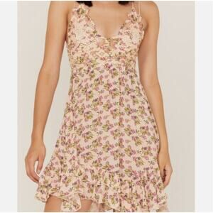 Free People FP One Adella Floral Mini Slip Dress Lace Ruffle Summer Smocked Sz S